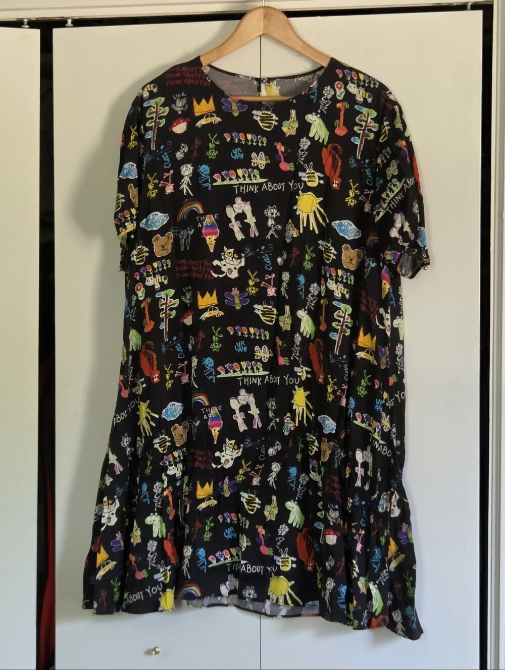 Urlazh Silk Black Short Sleeve Printed Tiered Dress with Colorful Doodles